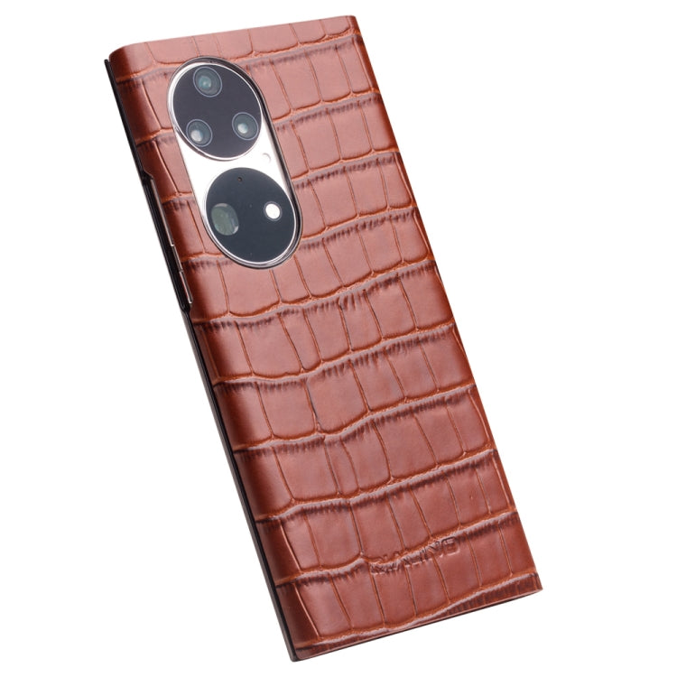 For Huawei P50 QIALINO Crocodile Pattern Side Window View Genuine Leather Phone Case(Brown)