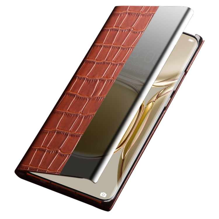 For Huawei P50 QIALINO Crocodile Pattern Side Window View Genuine Leather Phone Case(Brown)