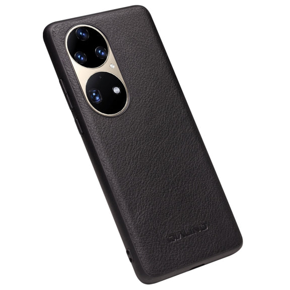 For Huawei P50 QIALINO Cowhide Texture Genuine Leather Phone Case(Black)
