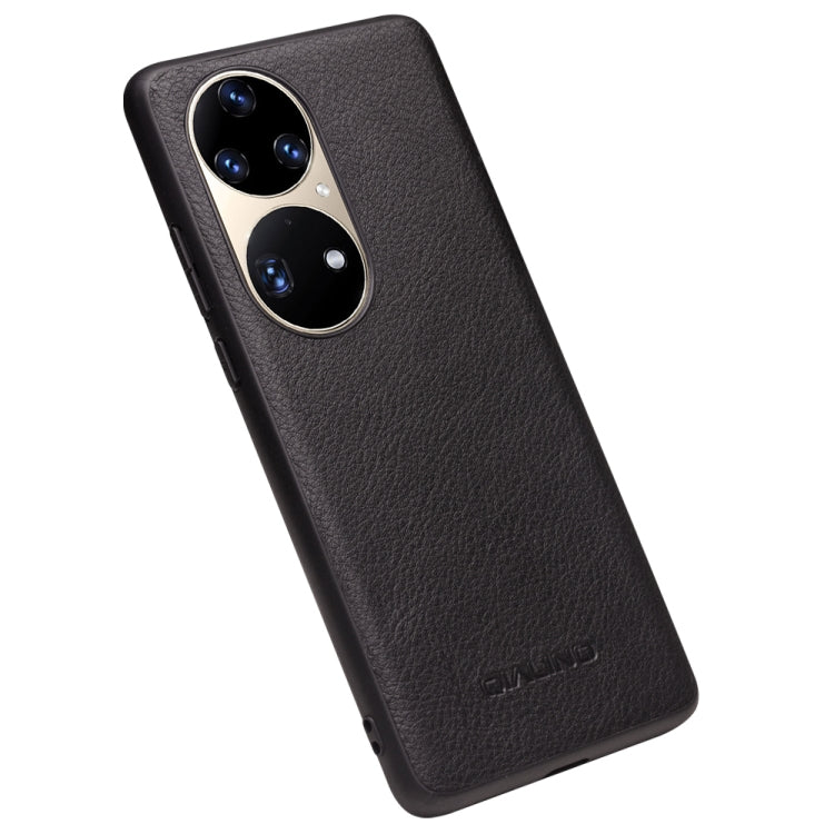 For Huawei P50 QIALINO Cowhide Texture Genuine Leather Phone Case(Black)