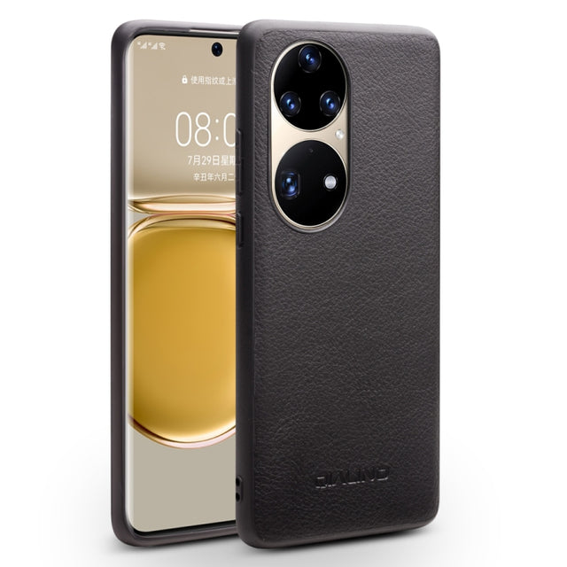For Huawei P50 QIALINO Cowhide Texture Genuine Leather Phone Case(Black)