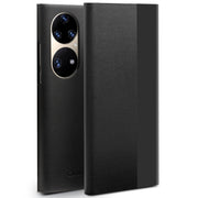 For Huawei P50 QIALINO Magnetic Side Window View Genuine Leather Smart Phone Case(Black)