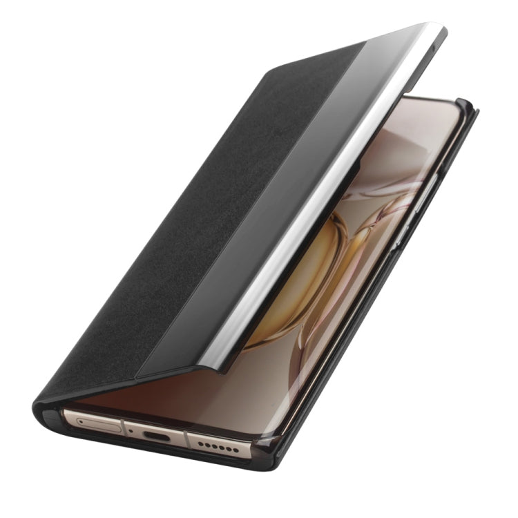 For Huawei P50 QIALINO Magnetic Side Window View Genuine Leather Smart Phone Case(Black)