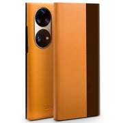 For Huawei P50 QIALINO Magnetic Side Window View Genuine Leather Smart Phone Case(Orange)