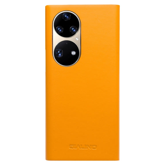 For Huawei P50 QIALINO Magnetic Side Window View Genuine Leather Smart Phone Case(Orange)