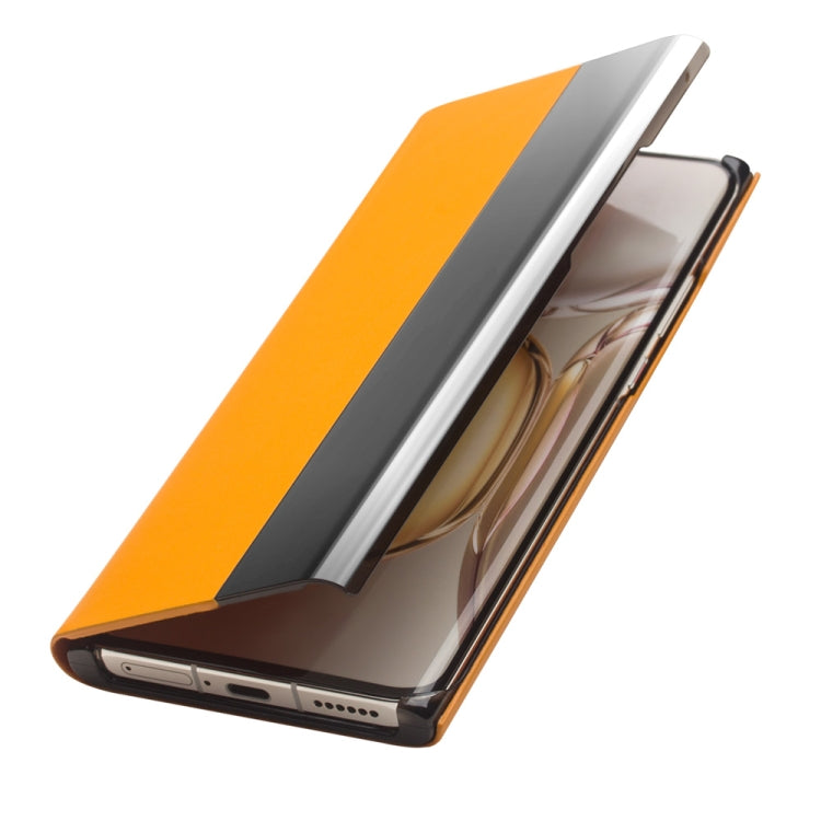 For Huawei P50 QIALINO Magnetic Side Window View Genuine Leather Smart Phone Case(Orange)
