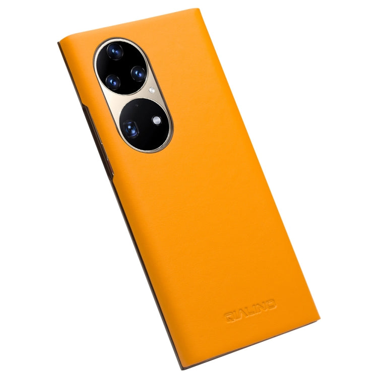 For Huawei P50 QIALINO Magnetic Side Window View Genuine Leather Smart Phone Case(Orange)