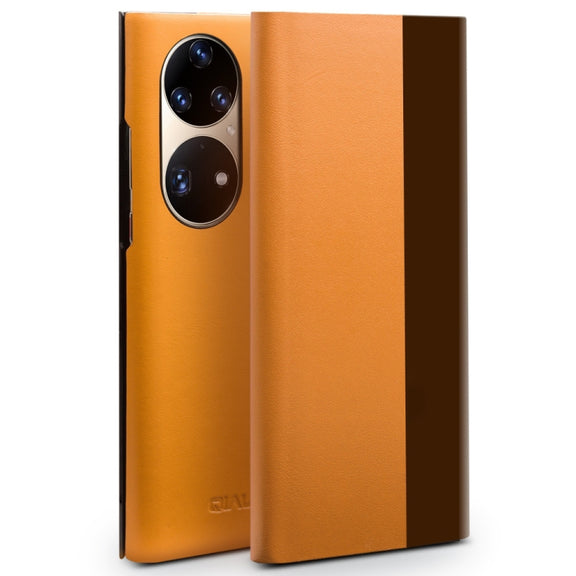 For Huawei P50 QIALINO Magnetic Side Window View Genuine Leather Smart Phone Case(Orange)