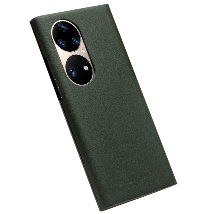 For Huawei P50 QIALINO Magnetic Side Window View Genuine Leather Smart Phone Case(Green)