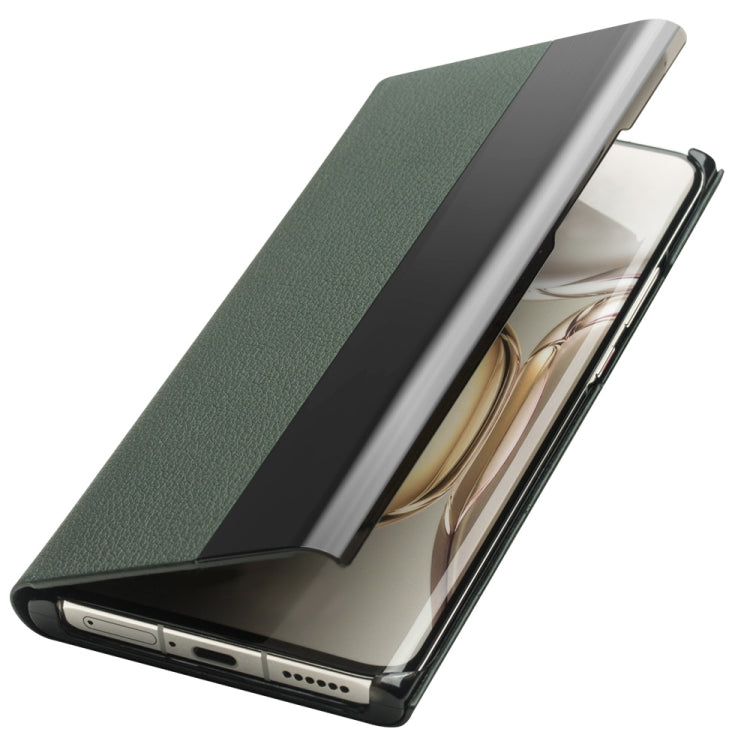 For Huawei P50 QIALINO Magnetic Side Window View Genuine Leather Smart Phone Case(Green)