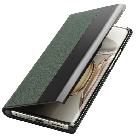 For Huawei P50 QIALINO Magnetic Side Window View Genuine Leather Smart Phone Case(Green)