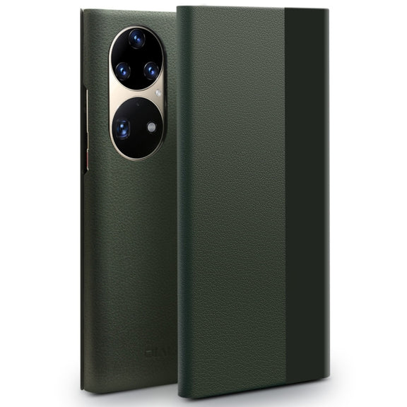 For Huawei P50 QIALINO Magnetic Side Window View Genuine Leather Smart Phone Case(Green)