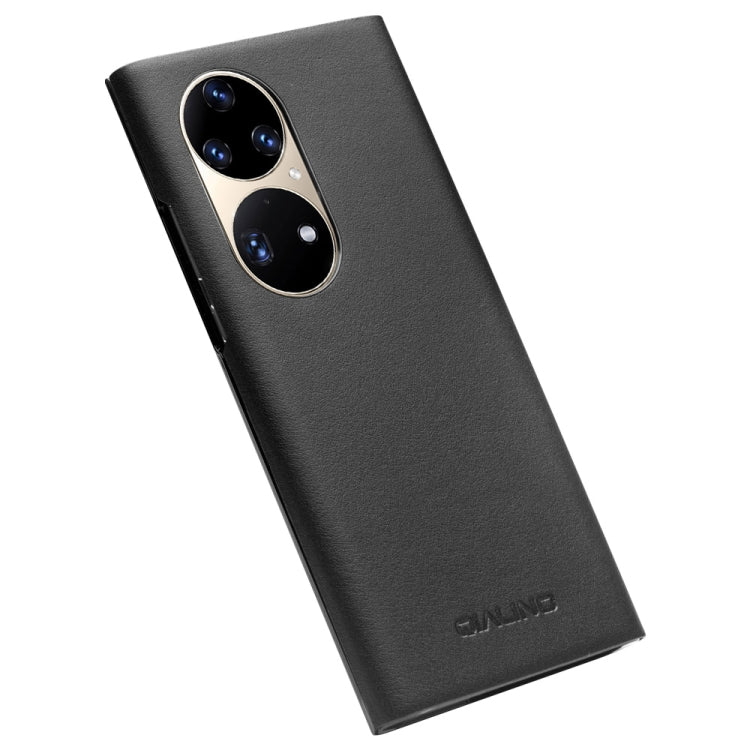 For Huawei P50 Pro QIALINO Magnetic Side Window View Genuine Leather Smart Phone Case(Black)