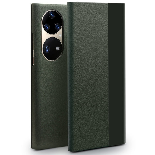 For Huawei P50 Pro QIALINO Magnetic Side Window View Genuine Leather Smart Phone Case(Green)