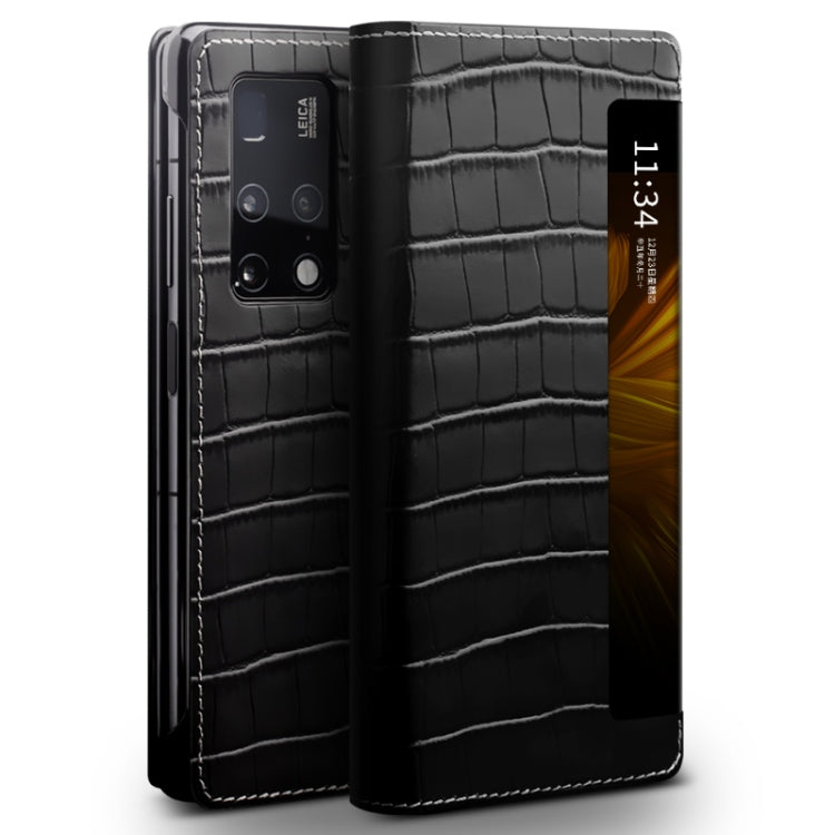 For Huawei Mate X2 QIALINO Crocodile Pattern Side Window View Genuine Leather Phone Case(Black)