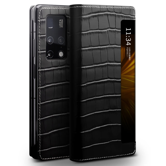 For Huawei Mate X2 QIALINO Crocodile Pattern Side Window View Genuine Leather Phone Case(Black)