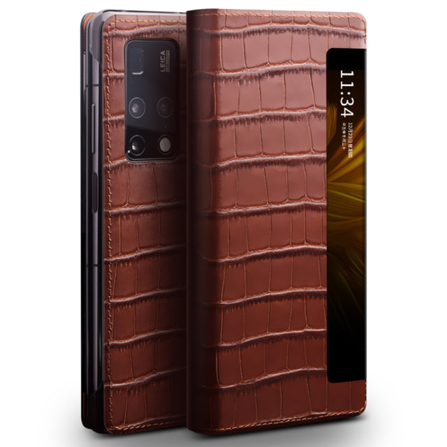 For Huawei Mate X2 QIALINO Crocodile Pattern Side Window View Genuine Leather Phone Case(Brown)