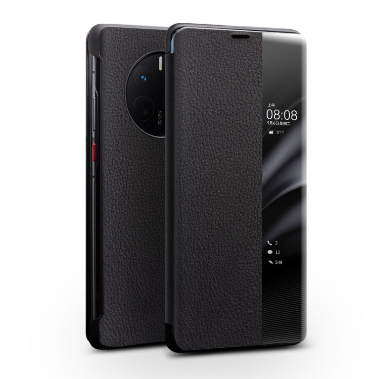 For Huawei Mate 50 QIALINO Genuine Leather Side Window View Smart Phone Case(Black)