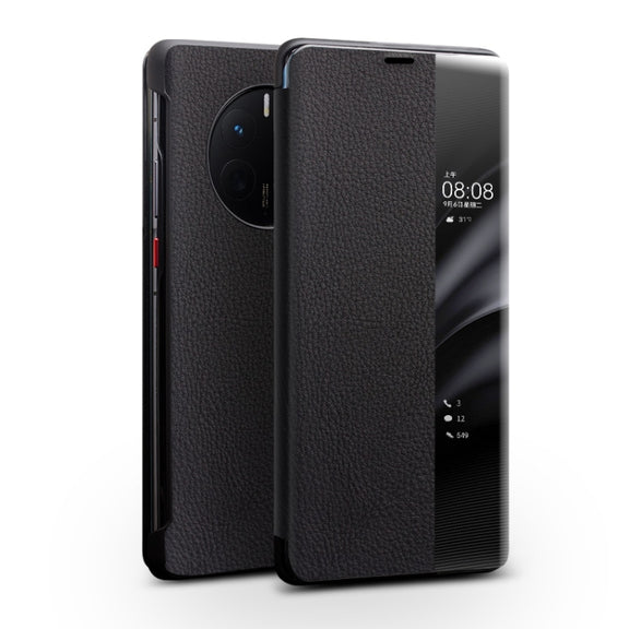 For Huawei Mate 50 QIALINO Genuine Leather Side Window View Smart Phone Case(Black)