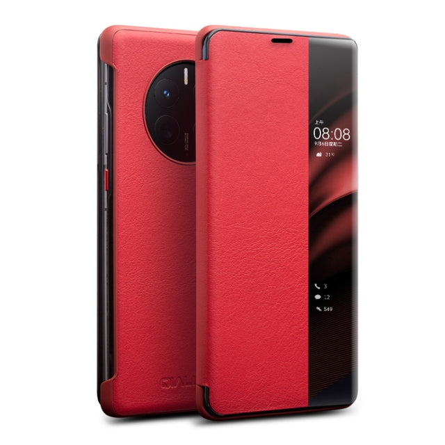 For Huawei Mate 50 QIALINO Genuine Leather Side Window View Smart Phone Case(Red)