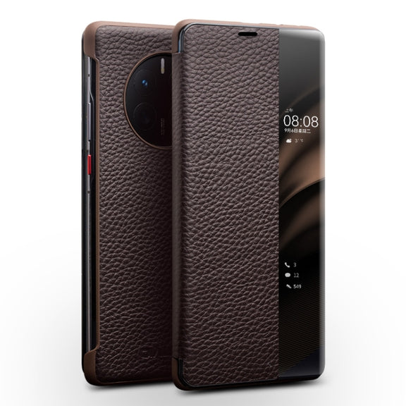 For Huawei Mate 50 QIALINO Genuine Leather Side Window View Smart Phone Case(Brown)