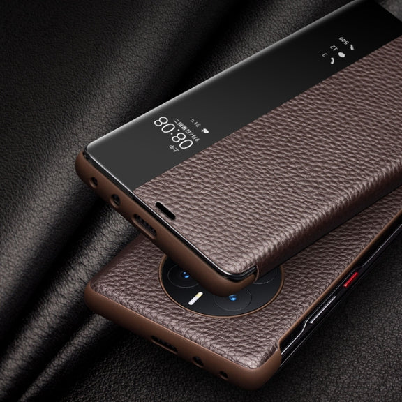 For Huawei Mate 50 QIALINO Genuine Leather Side Window View Smart Phone Case(Black)