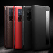 For Huawei Mate X2 QIALINO Genuine Leather Side Window View Smart Phone Case(Brown)