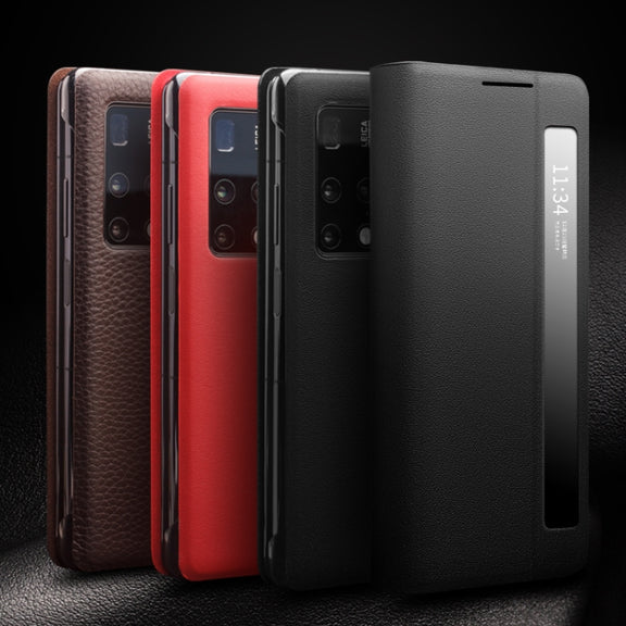For Huawei Mate X2 QIALINO Genuine Leather Side Window View Smart Phone Case(Brown)
