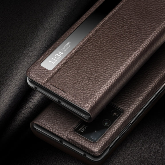 For Huawei Mate X2 QIALINO Genuine Leather Side Window View Smart Phone Case(Red)
