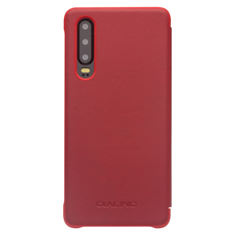 For Huawei P30 QIALINO Genuine Leather Side Window View Smart Phone Case(Red)