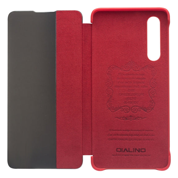 For Huawei P30 QIALINO Genuine Leather Side Window View Smart Phone Case(Red)