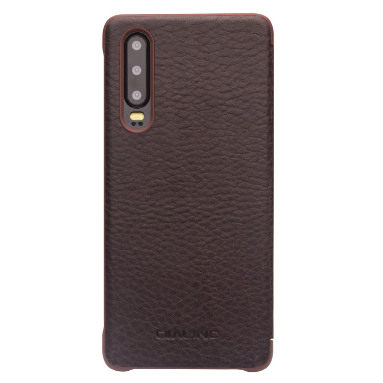 For Huawei P30 QIALINO Genuine Leather Side Window View Smart Phone Case(Brown)