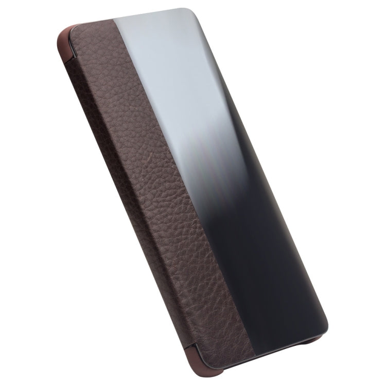 For Huawei P30 QIALINO Genuine Leather Side Window View Smart Phone Case(Brown)