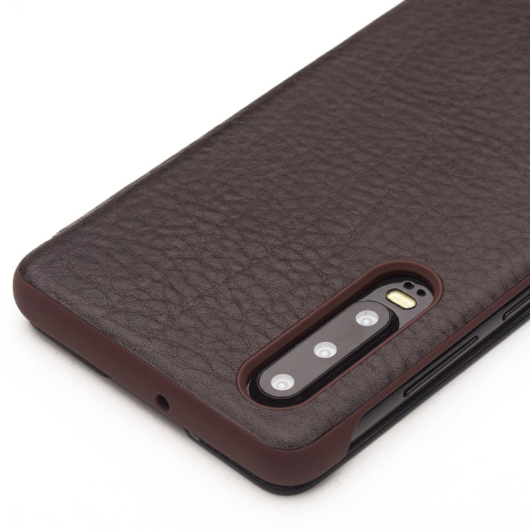For Huawei P30 QIALINO Genuine Leather Side Window View Smart Phone Case(Brown)