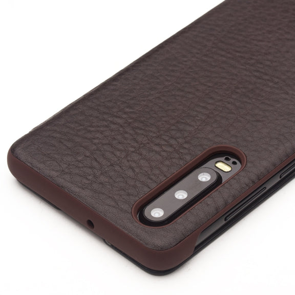 For Huawei P30 QIALINO Genuine Leather Side Window View Smart Phone Case(Brown)