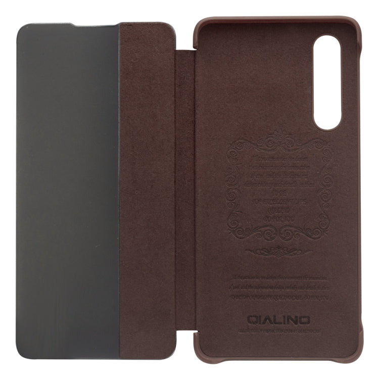 For Huawei P30 QIALINO Genuine Leather Side Window View Smart Phone Case(Brown)