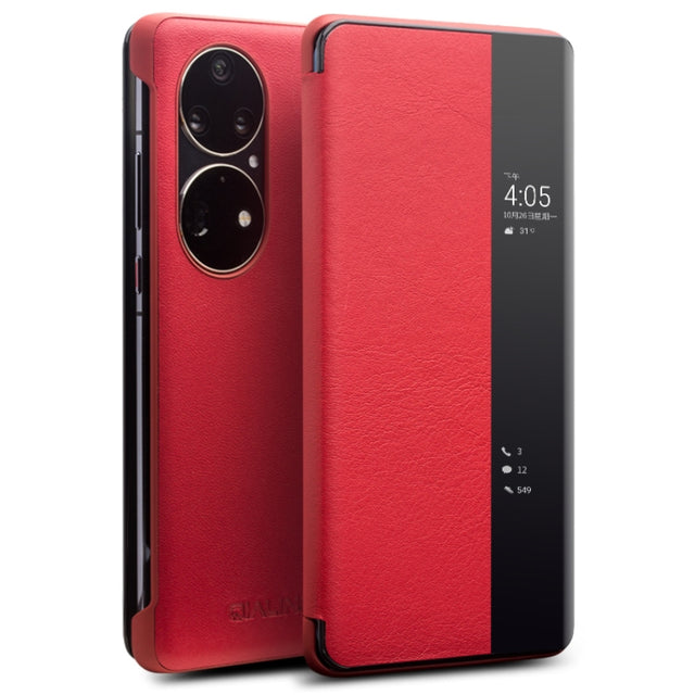 For Huawei P50 Pro QIALINO Genuine Leather Side Window View Smart Phone Case(Red)