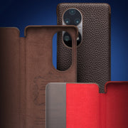 For Huawei P50 Pro QIALINO Genuine Leather Side Window View Smart Phone Case(Brown)