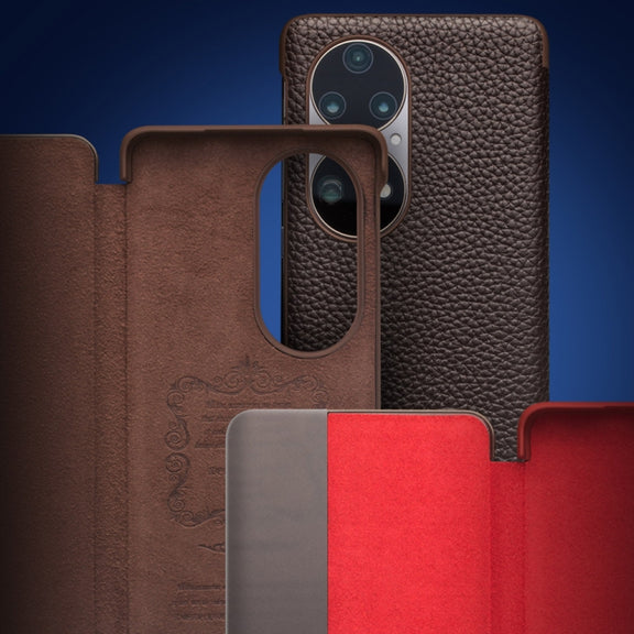 For Huawei P50 Pro QIALINO Genuine Leather Side Window View Smart Phone Case(Brown)