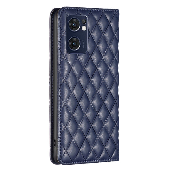 For OPPO Reno7 5G / Find X5 Lite Diamond Lattice Magnetic Leather Flip Phone Case(Blue)