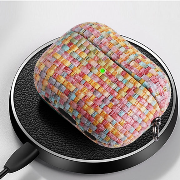 For AirPods 1 / 2 Weave Texture PU Shockproof Earphone Protective Case with Hook(Rainbow)