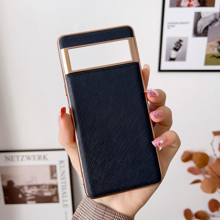 For Google Pixel 6 Pro Nano Electroplating Cross Texture Genuine Leather Phone Case(Blue)