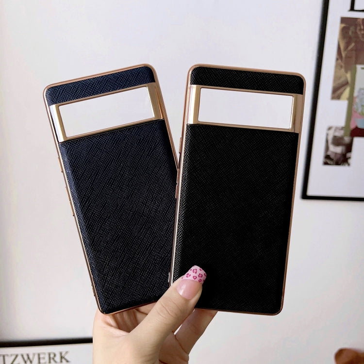 For Google Pixel 6 Pro Nano Electroplating Cross Texture Genuine Leather Phone Case(Blue)