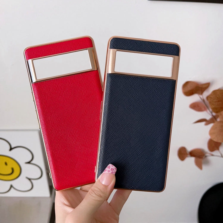 For Google Pixel 6 Pro Nano Electroplating Cross Texture Genuine Leather Phone Case(Blue)