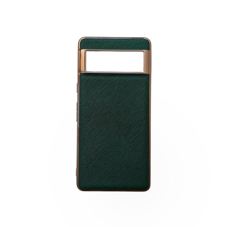 For Google Pixel 6a Nano Electroplating Cross Texture Genuine Leather Phone Case(Green)