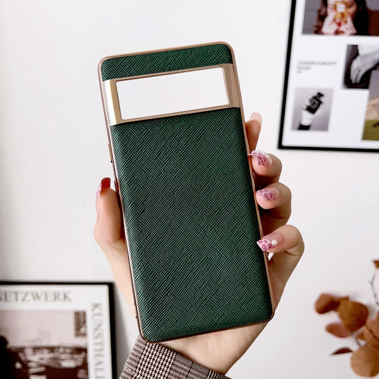 For Google Pixel 6a Nano Electroplating Cross Texture Genuine Leather Phone Case(Green)