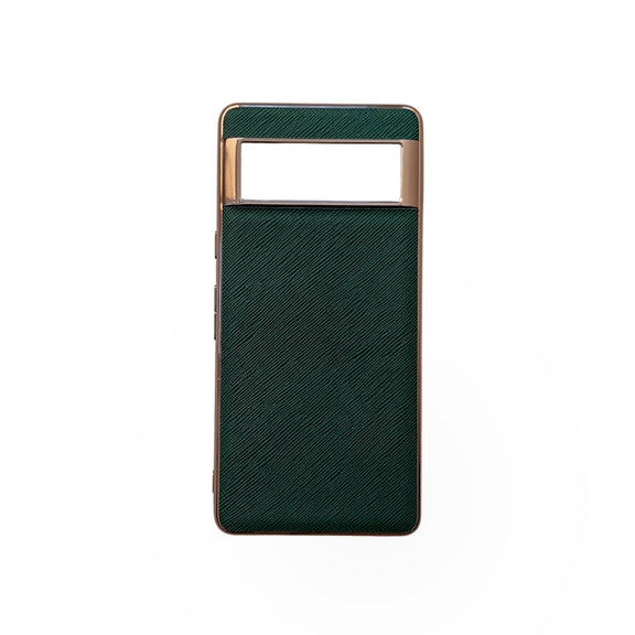For Google Pixel 6a Nano Electroplating Cross Texture Genuine Leather Phone Case(Green)