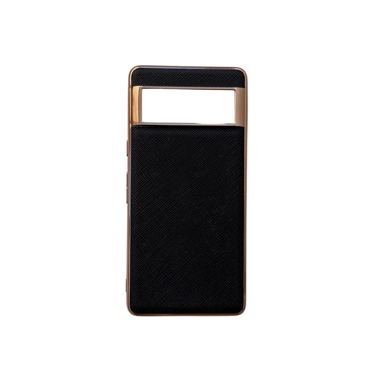 For Google Pixel 6a Nano Electroplating Cross Texture Genuine Leather Phone Case(Black)