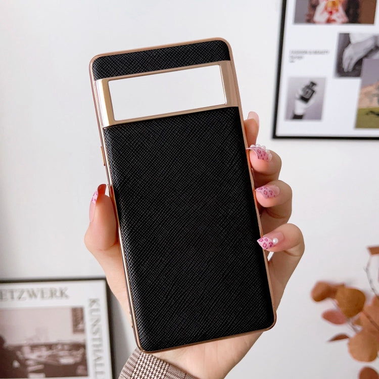 For Google Pixel 6a Nano Electroplating Cross Texture Genuine Leather Phone Case(Black)