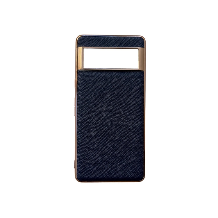 For Google Pixel 7 5G Nano Electroplating Cross Texture Genuine Leather Phone Case(Blue)